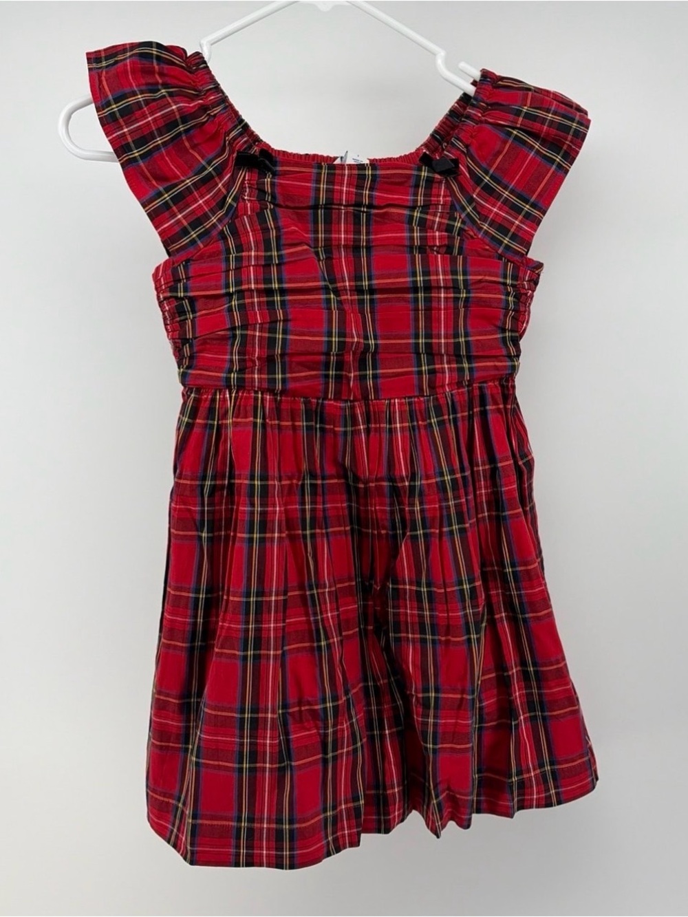 Crewcuts Girls Red/Black Tartan Ruched Bodice Dress-Black Velvet Bows-Size 7-NWT